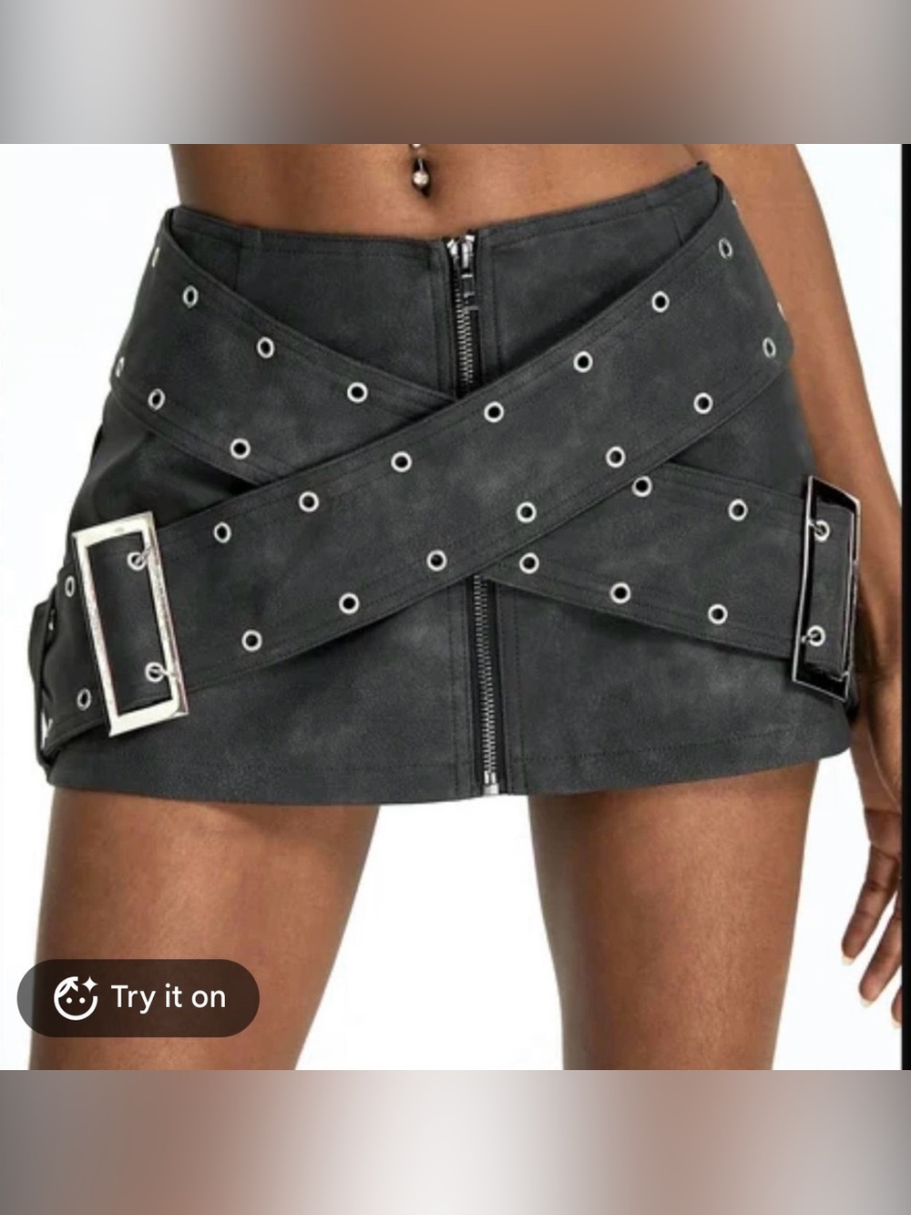 KOLLYY Punk Faux Leather Zip Front Mini Skirt Dark Gray Size XL